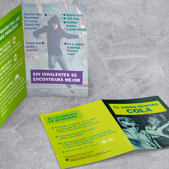 Diseño de folleto gráfico con pautas de reducción de daños de jóvenes que toman inhalantes.
